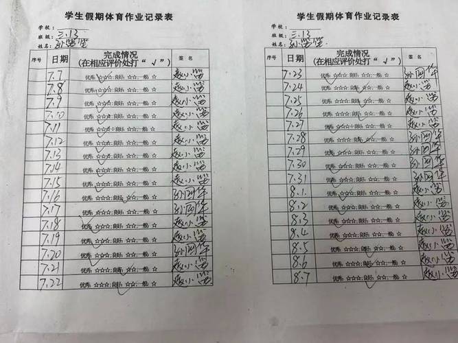 小学学生个性化体质健康档案记录页