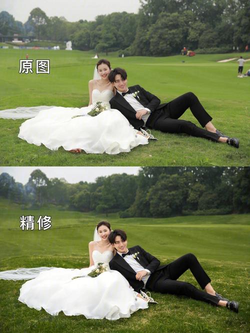 AIGC修复婚礼照片背景杂物前后对比图