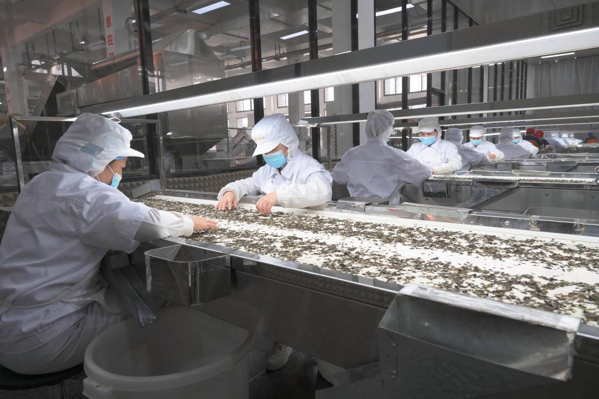 制造工厂车间工人茶歇聊天实拍图