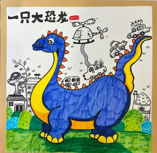 小男孩趴在地板上专注画恐龙，周围散落着蜡笔