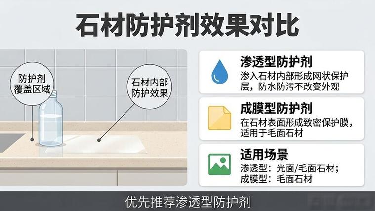 石材渗透型防护剂与成膜型防护剂效果对比图