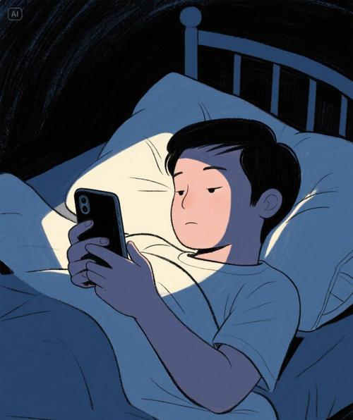 深夜躺在床上拿着手机看动漫的宅男,屏幕微光映在脸上