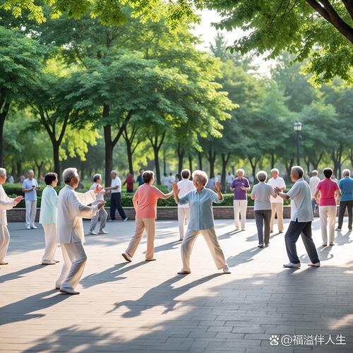 春季清晨公园散步晨练场景图
