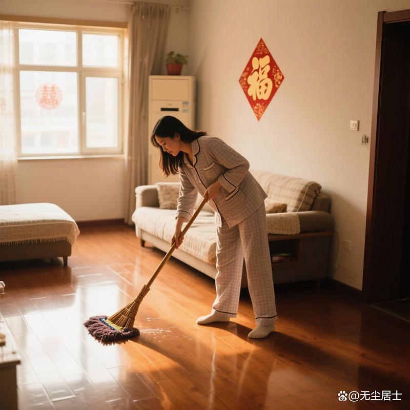 全职妈妈在客厅独自打扫卫生时的疲惫背影