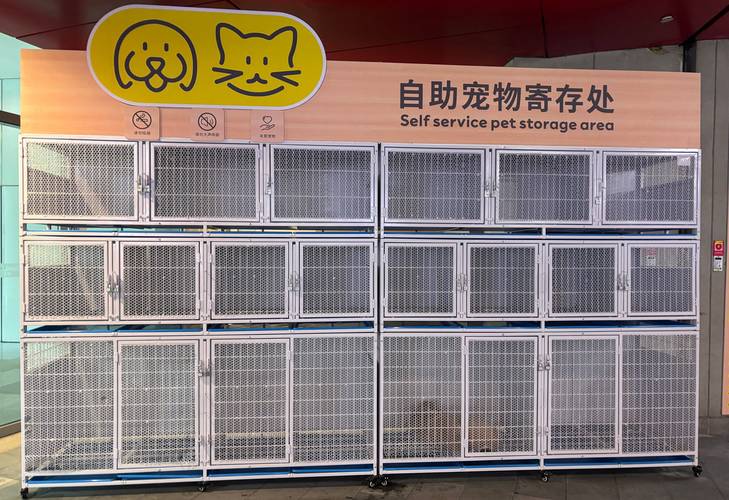 购物中心一层公共区域宠物临时寄养笼摆放