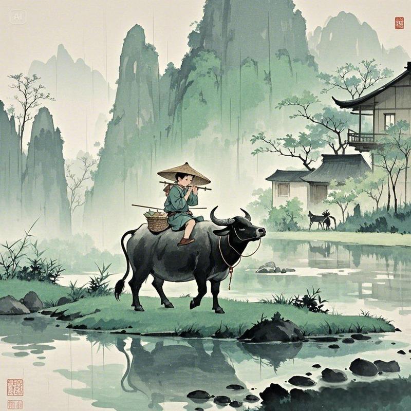 古画里的牧童吹笛山水图