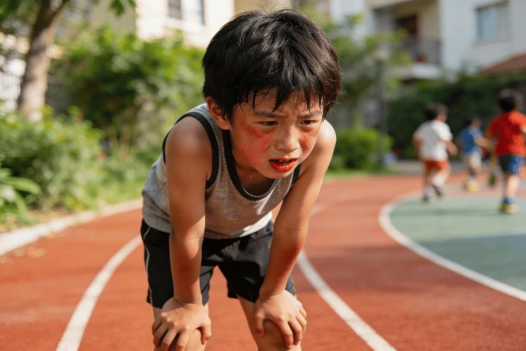 小学生操场跑步气喘吁吁特写