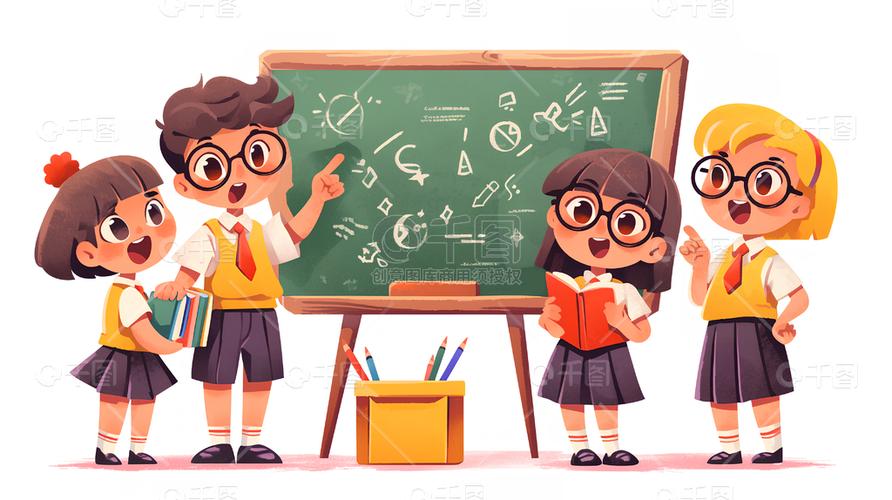一位小学教师在教室里与学生互动，背景有黑板和彩色学习角