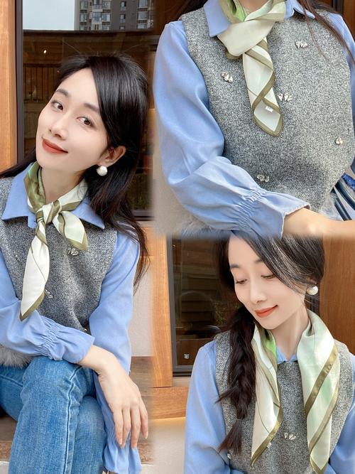 春季户外防花粉长袖丝巾穿戴示例