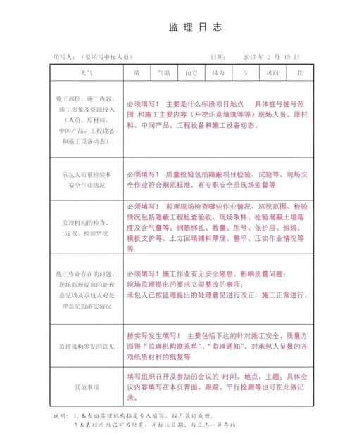 监理日志现场填写范例表格图片