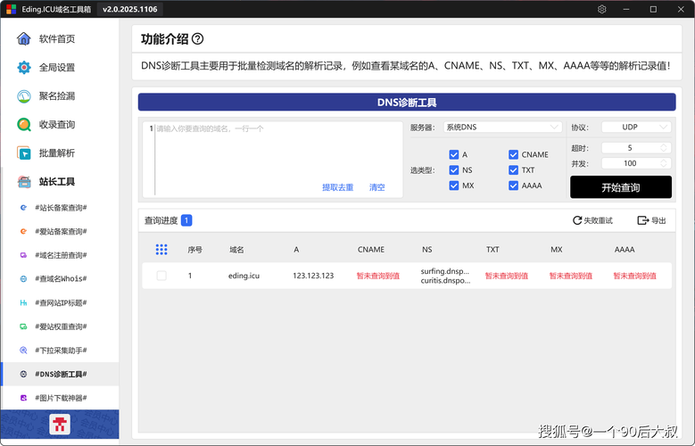信息核查工具界面截图,显示域名查询和图片反搜过程