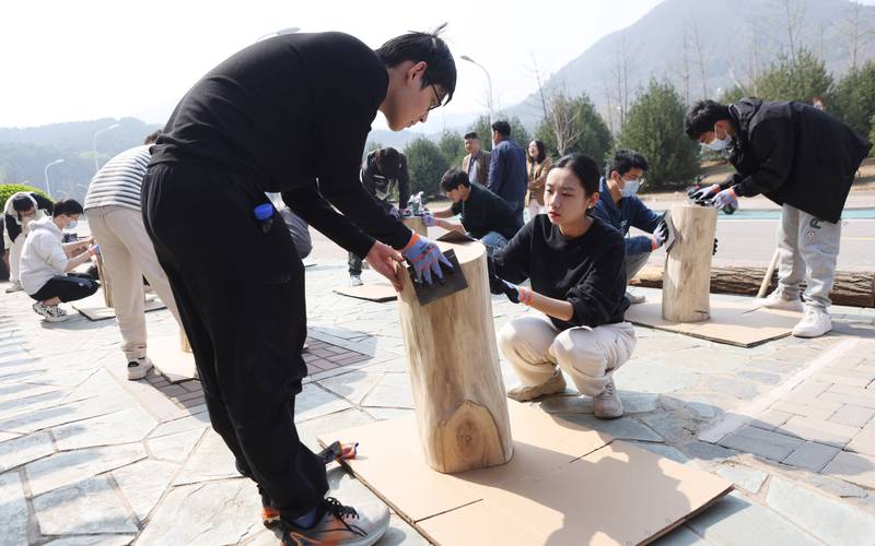 中学生劳动周在木工坊使用锯子制作木凳
