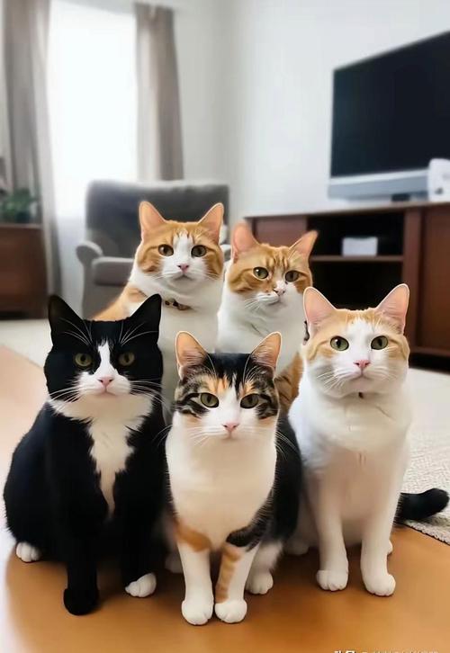 多猫家庭客厅猫咪各自活动日常照