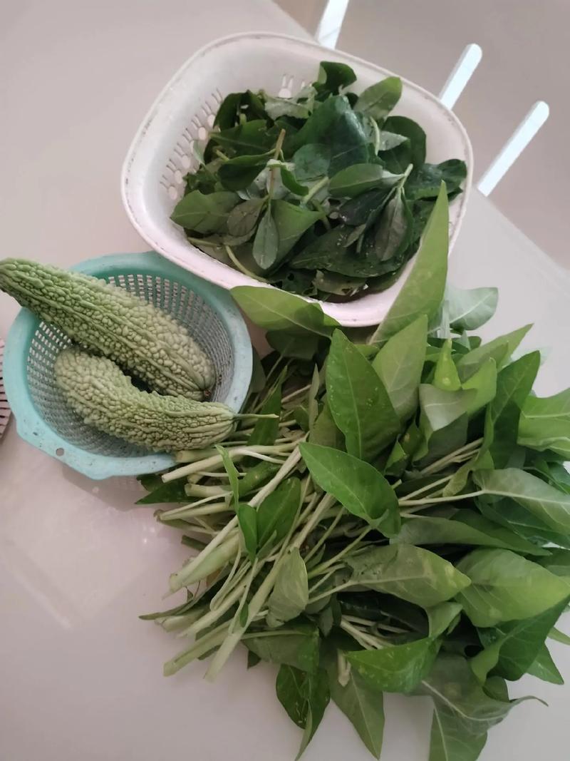 新鲜苦瓜和莴笋叶在竹篮里