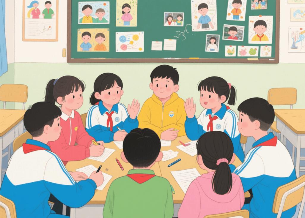 小学生小组围坐讨论AI生成的班级规则的课堂场景