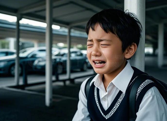 学校操场角落一个小男孩独自抹泪，远处是嬉闹的同学