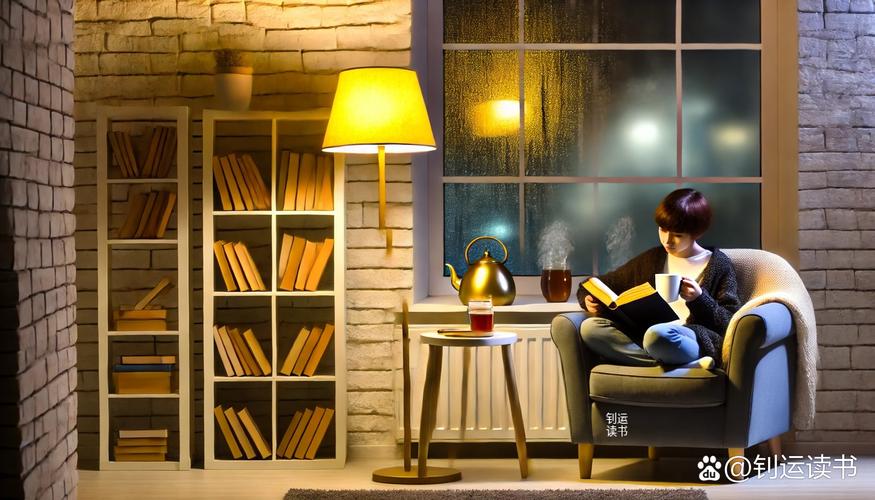 儿童房午夜悄悄看书的男孩与定时小夜灯场景