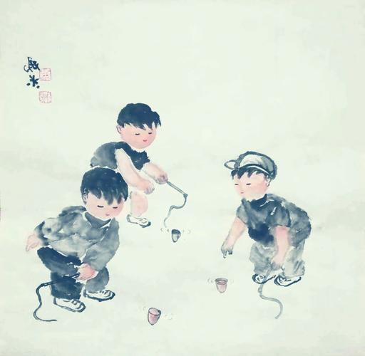 清代木版年画儿童抽陀螺游戏场景
