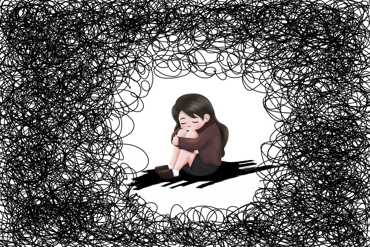 青少年在房间独自哭泣的写实插画