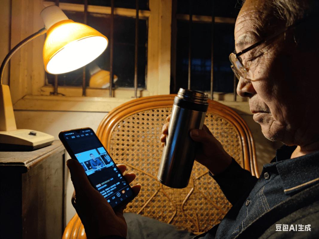 老人拿着放大镜看手机上的养生谣言