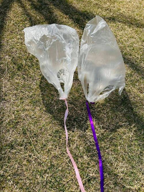 小学生用自制晾衣杆工具够树上风筝的日常场景