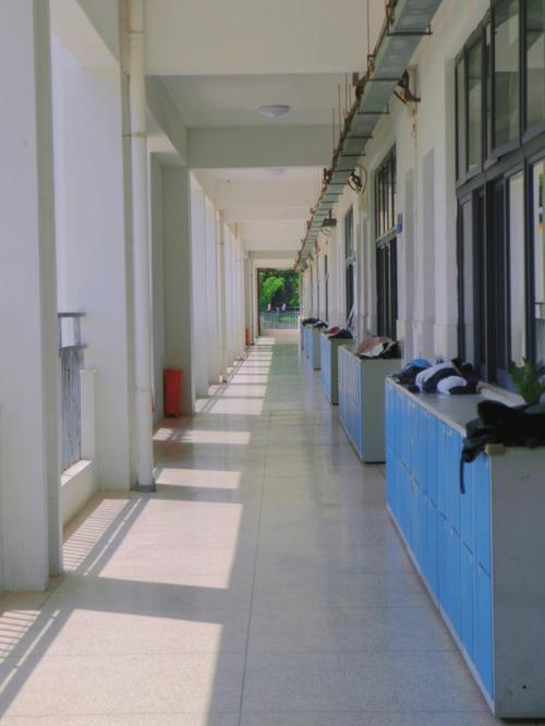 大学校园课间走廊学生站立远眺场景