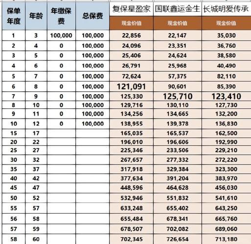 增额终身寿险年度现金价值演示表