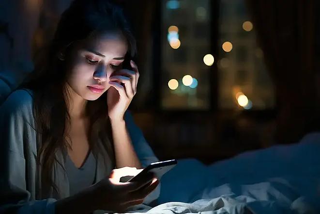 恋爱中女生紧张攥手机等消息场景图