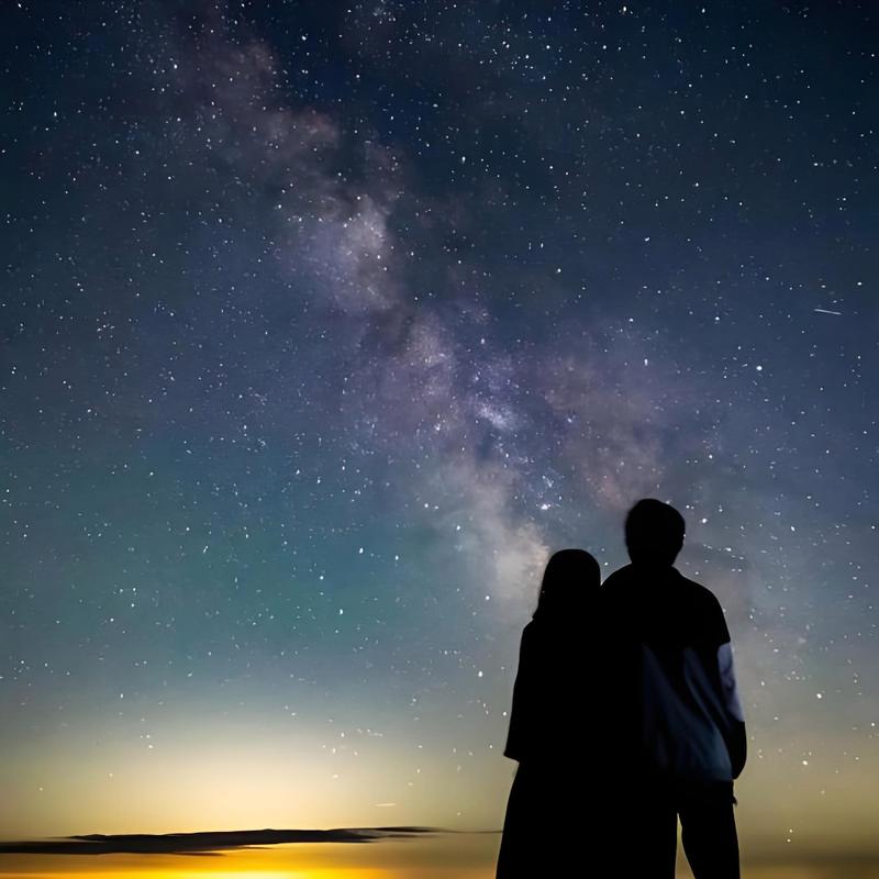 夫妻半夜在山顶看星星的背影