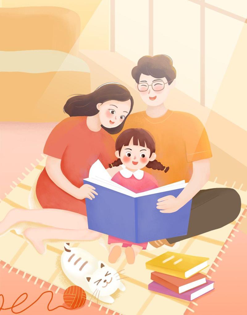 家庭亲子读书交流会客厅垫子上孩子和家长一起看书搞笑场景