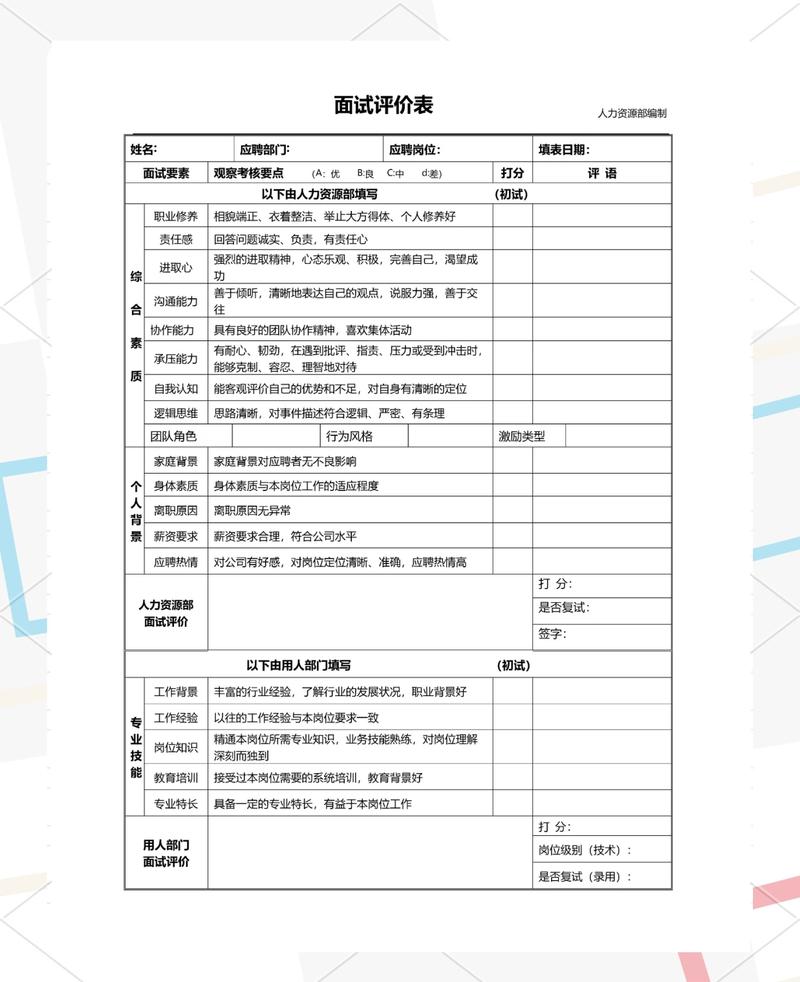 企业HR校招求职潜力筛选评分表