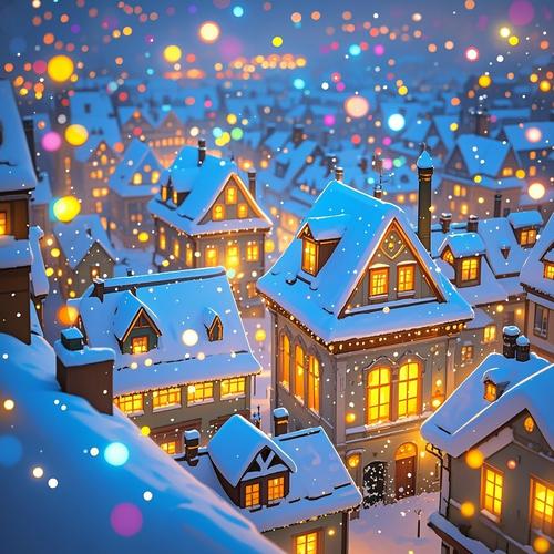 冬日雪夜临街亮灯的居民楼窗户