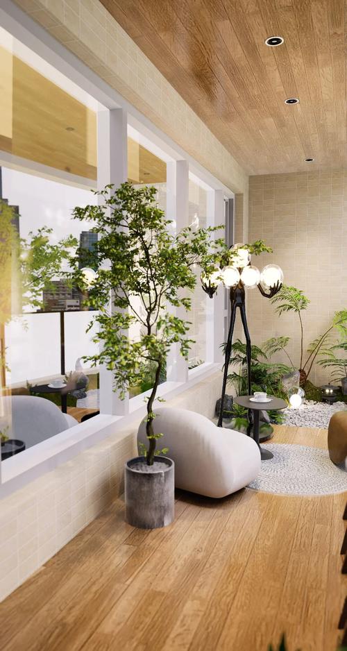 阳台角落藤编椅与绿植布置场景示意图