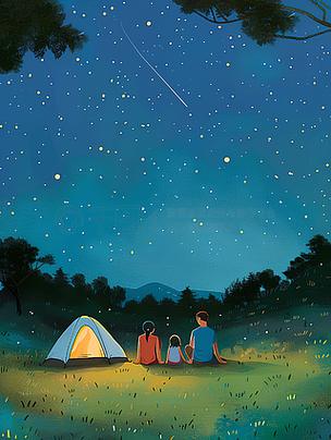 亲子郊外露营抬头看星空夜景