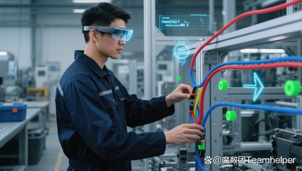工程师使用AR眼镜进行飞机线缆敷设现场
