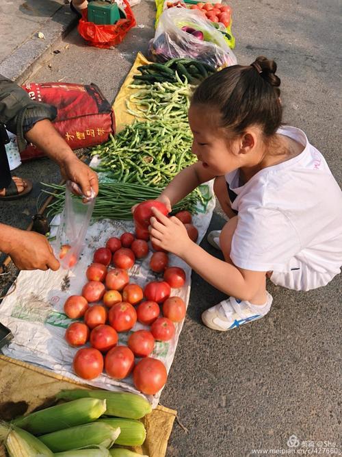 小学生蹲在路边帮卖菜阿婆捡滚落的小番茄侧影