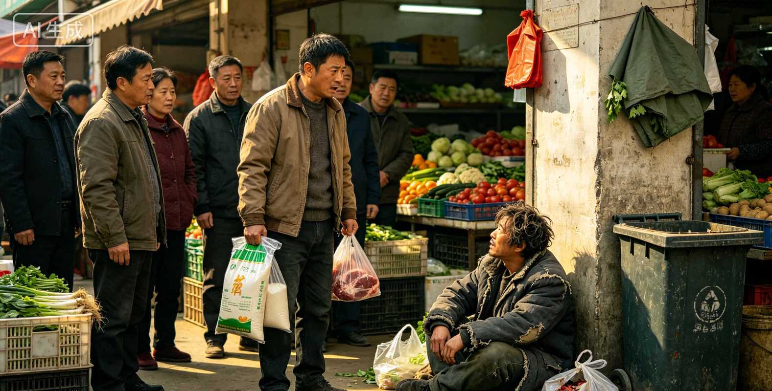 当代菜市场偶遇旧友 落魄商人挑土豆 虎落平阳意象