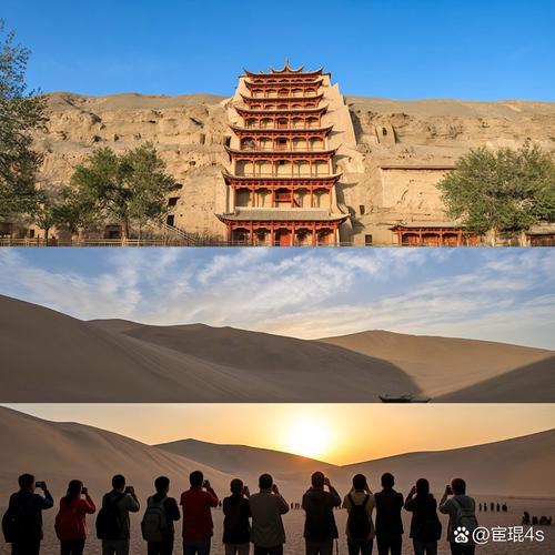 中国甘肃敦煌莫高窟崖壁宕泉河全景