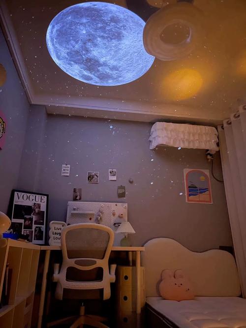 婴儿床上方吊着星空投影灯投射到天花板