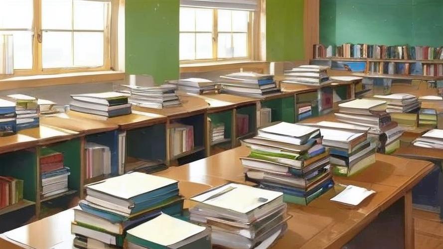 中学教室课桌上摊开的整本书和摘抄本