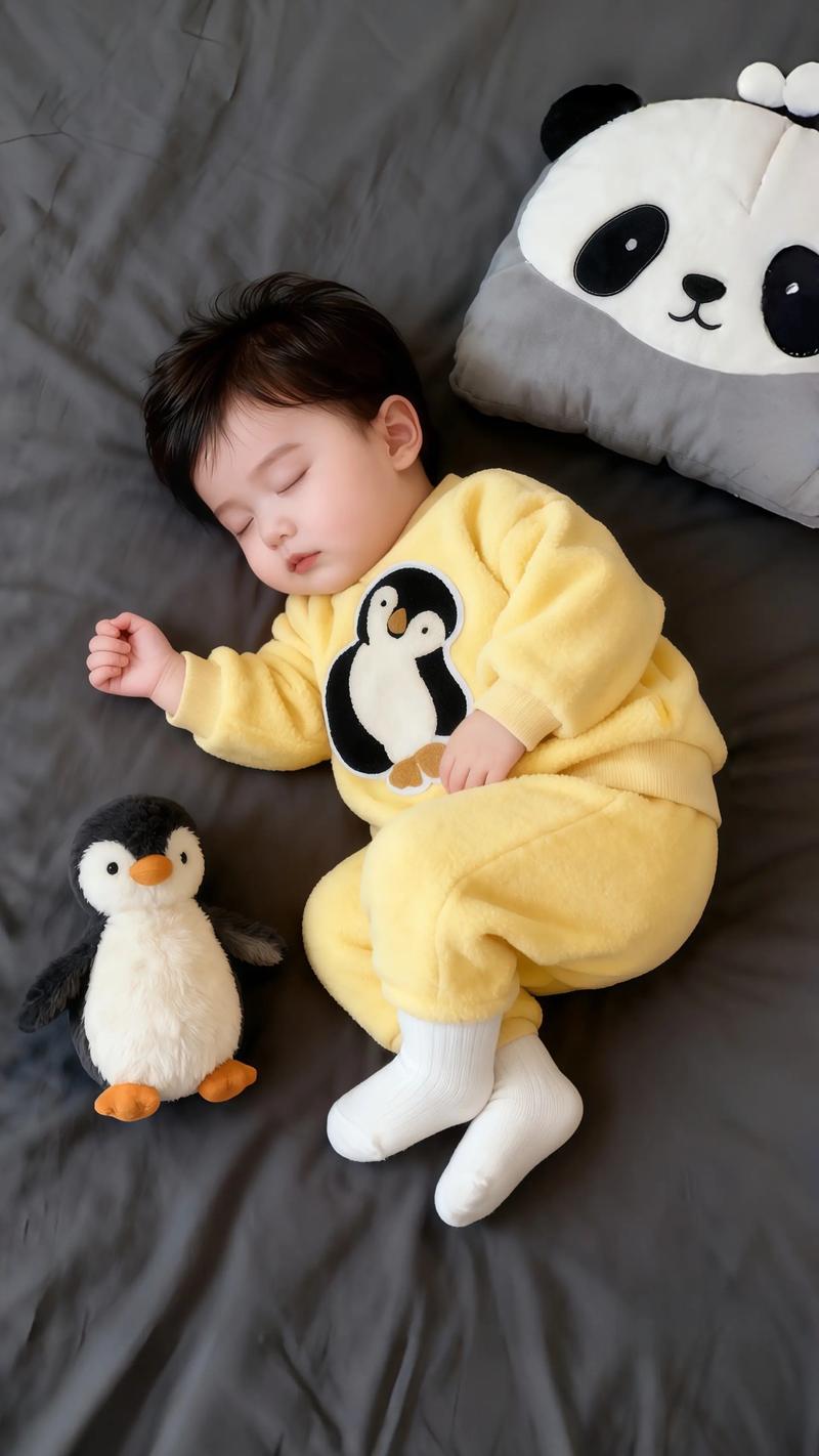 幼儿园小孩抱着脏企鹅玩偶不肯放手