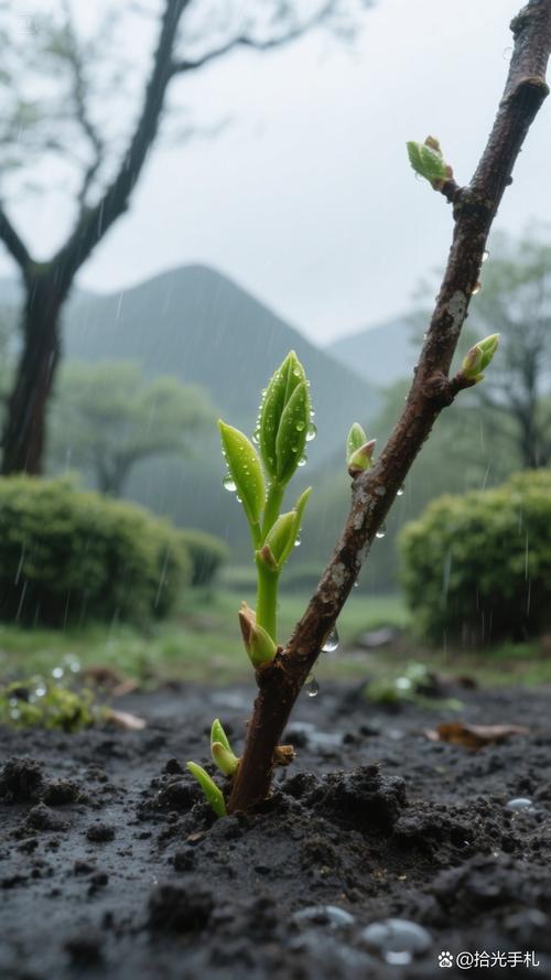 惊蛰节气春雷雨后泥土小草发芽特写
