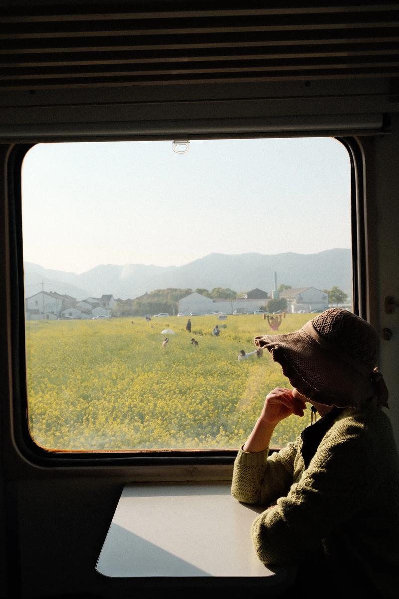 绿皮火车窗外田野
