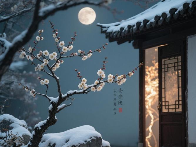 静谧雪夜梅花飘落南山意境