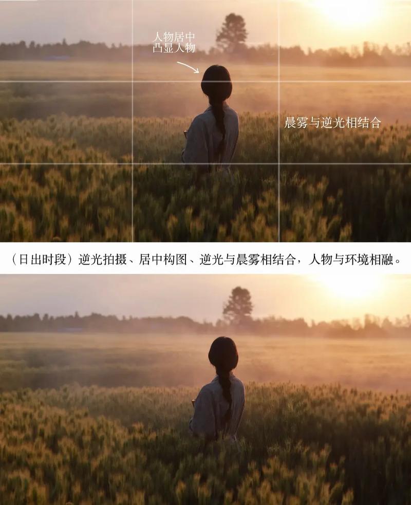 黄金时段逆光人像摄影用光技巧示意图
