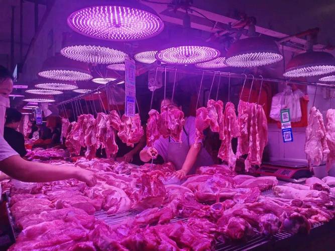菜市场生鲜猪肉摊位灯光对比图