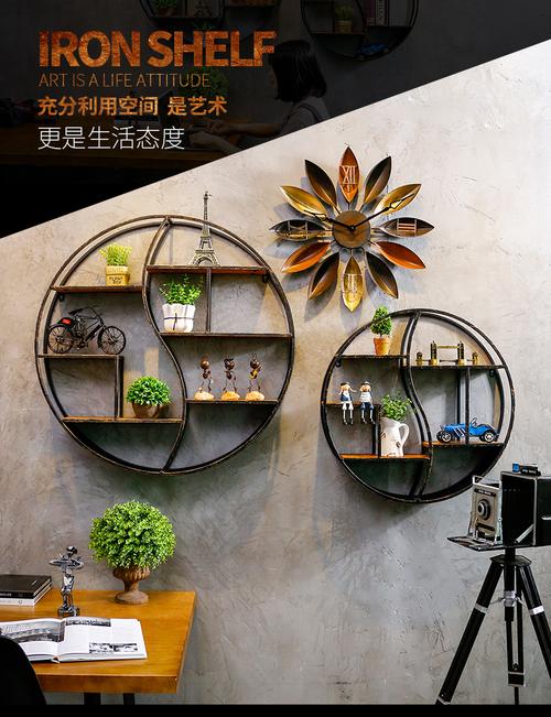 客厅餐厅不同材质墙面置物架安装效果图