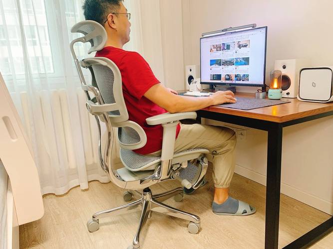 普通上班族书桌放着人体工学腰靠和常用笔记本的实拍