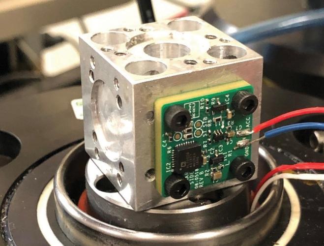 Industrial prototype vibration testing setup with accelerometers