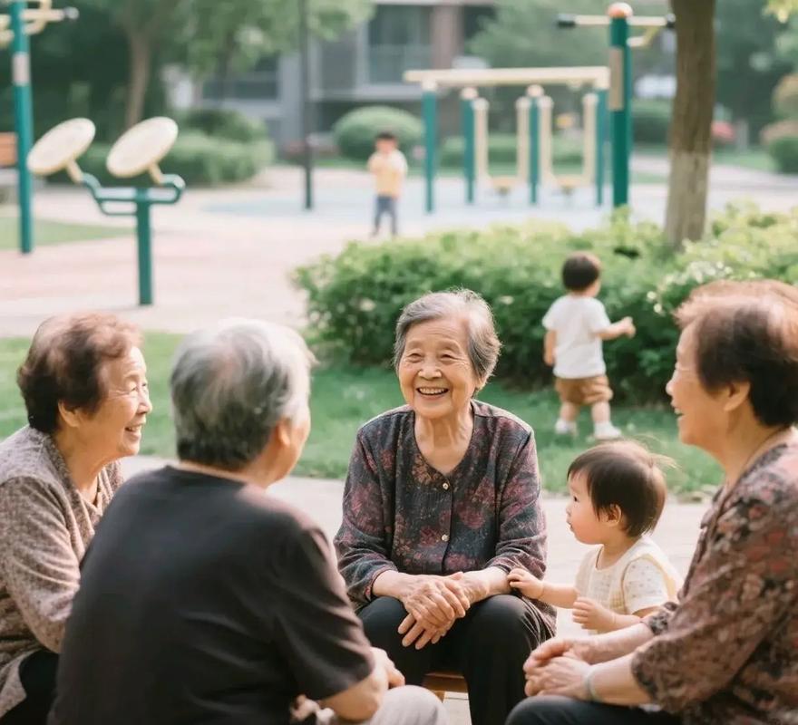 老旧小区单元楼门口围坐聊天的中老年妇人